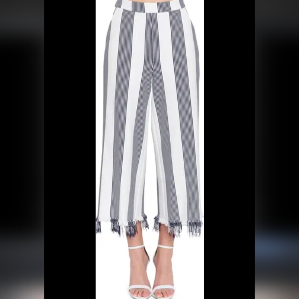 English factory stripe Fringe Hem Wide Leg Crop Pants